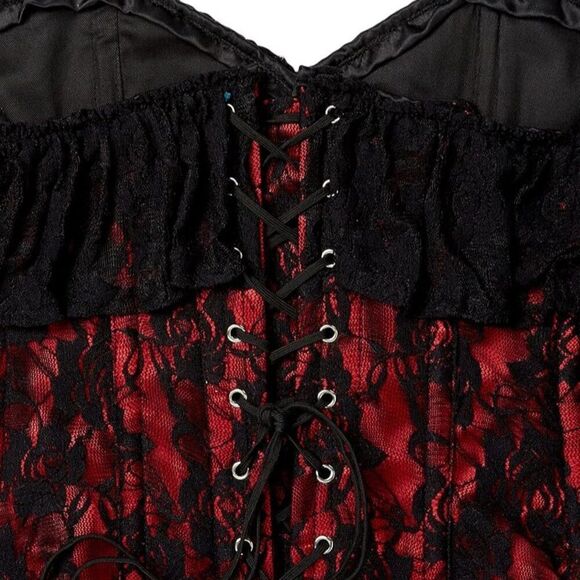 Plus 5X Red Satin Black Lace Goth Rennesaince Vampire Burlesque Overbust Corset - Picture 8 of 9